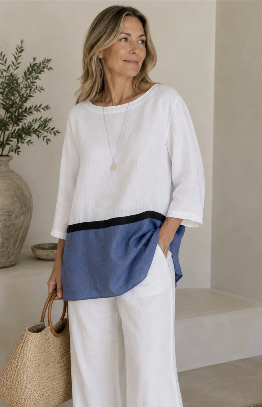 J. Jill Love Linen S Petite Color Block 3/4 Sleeve Tunic Top White Blue Coastal